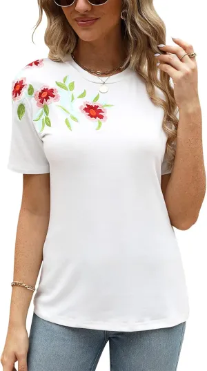 Mexican Shirts for Women Floral Embroidered Tops Short Sleeve Blouses Women's Traditional Fiesta Tees Tunic Peasant