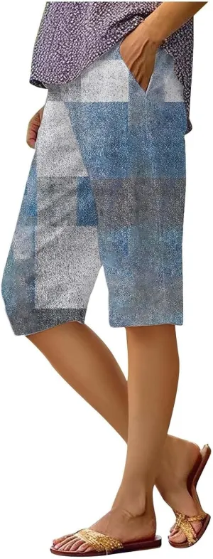 Pedal Pushers for Women 2025 Linen Pant Summer Wide Leg Knee Length Capris Lightweight Boho Loose Beach Pants