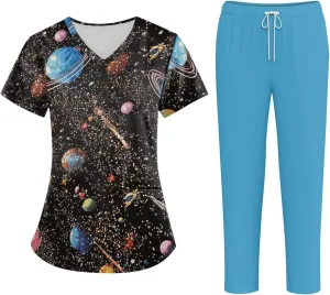 Scrub Sets for Women- Jogger V Neck Top and Pants with Pockets Stretch Comfortable Work Uniform