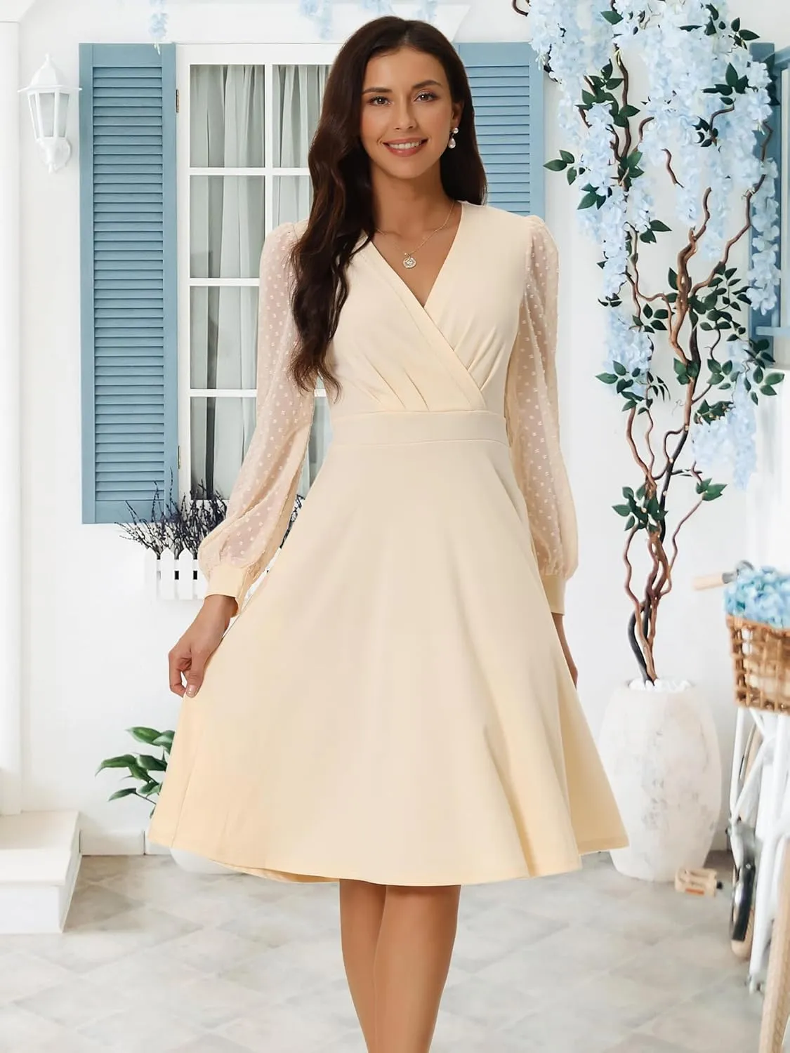 Seta T Women's Long Sleeve Wrap Dresses V Neck Elegant Cocktail Party Work Knee Length Dress with Pockets
