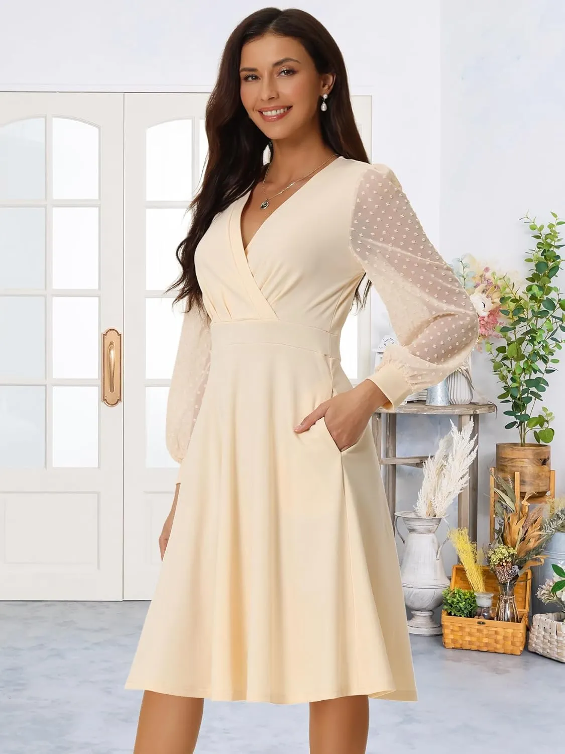 Seta T Women's Long Sleeve Wrap Dresses V Neck Elegant Cocktail Party Work Knee Length Dress with Pockets