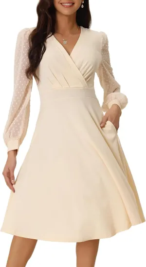 Seta T Women's Long Sleeve Wrap Dresses V Neck Elegant Cocktail Party Work Knee Length Dress with Pockets