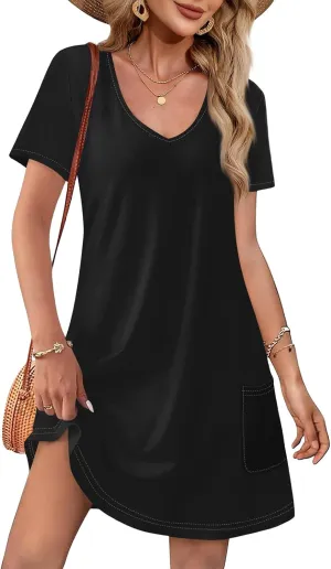 Summer Dresses for Women 2025 Casual Short Sleeve Sundresses Hawaiian T Shirt Dress Beach Dress with Pockets