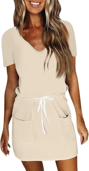 Summer Dresses for Women 2025 Striped A-Line Boho Sundress Short Sleeve V-Neck Beach Vacation Mini Dress with Pocket