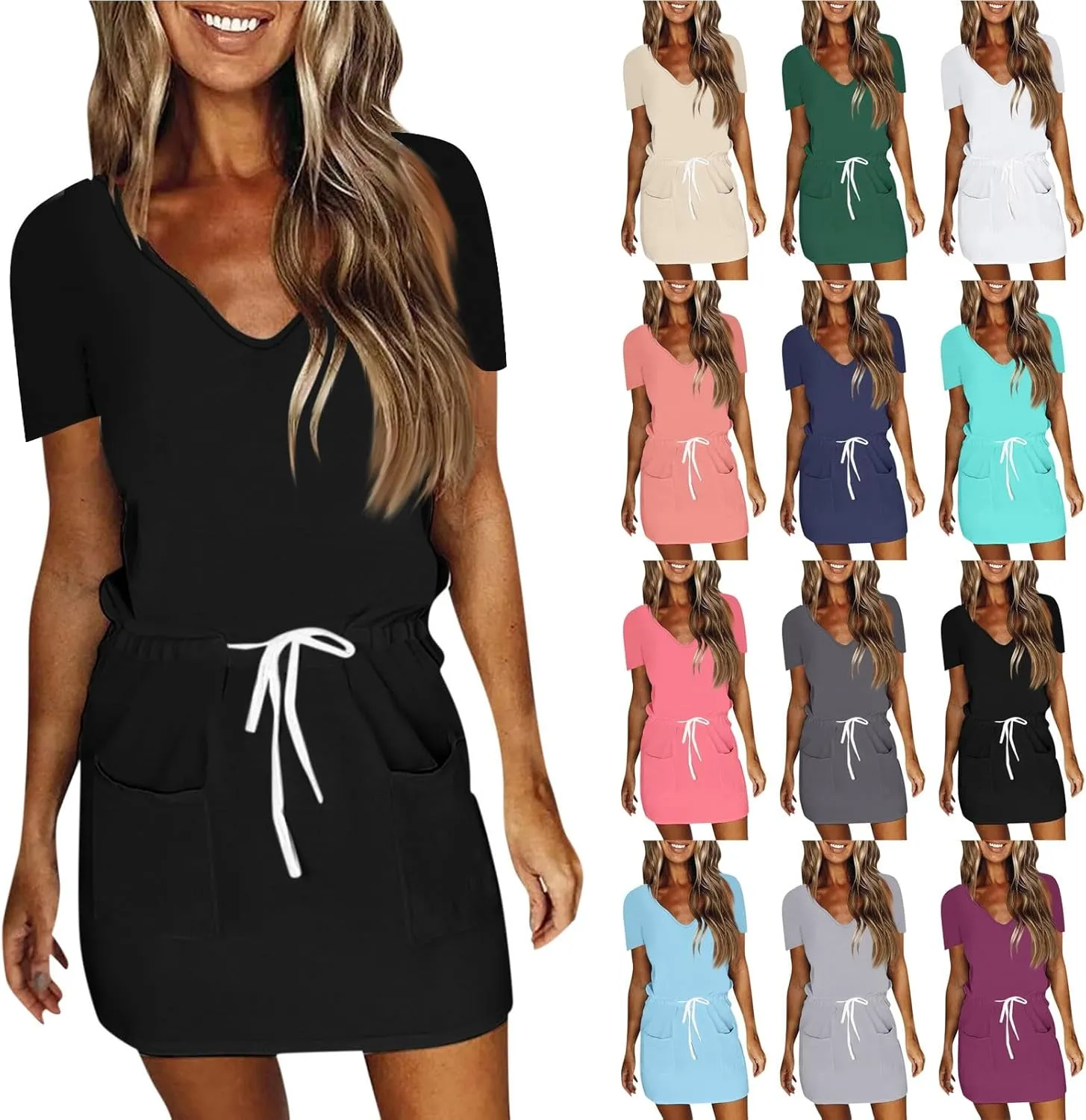 Summer Dresses for Women 2025 Striped A-Line Boho Sundress Short Sleeve V-Neck Beach Vacation Mini Dress with Pocket