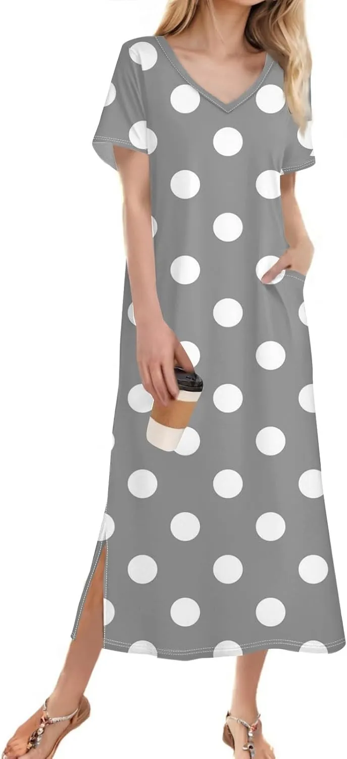 Summer Dresses for Women Casual Split Long Dress Loose T Shirt Dress Floral Print Short Sleeve Beach Dress with Pockets