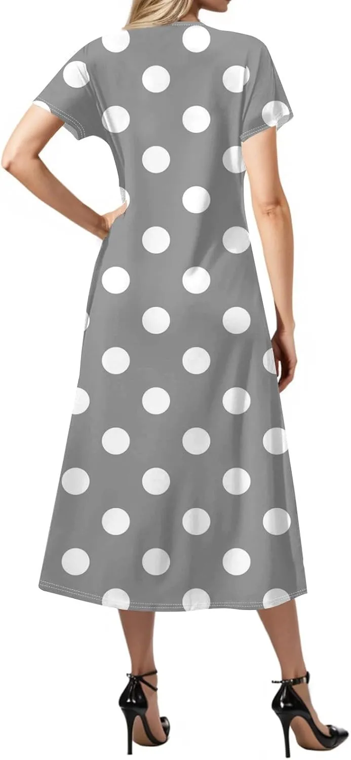 Summer Dresses for Women Casual Split Long Dress Loose T Shirt Dress Floral Print Short Sleeve Beach Dress with Pockets