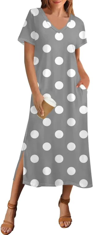 Summer Dresses for Women Casual Split Long Dress Loose T Shirt Dress Floral Print Short Sleeve Beach Dress with Pockets