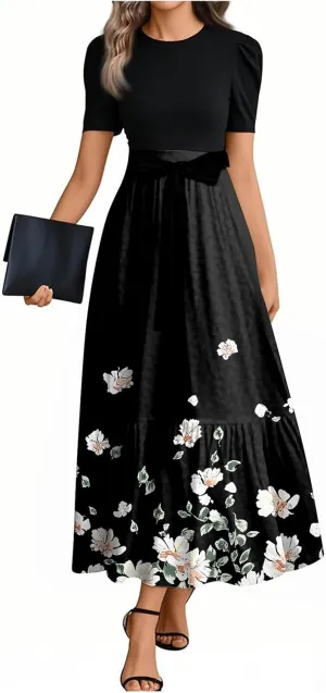 Summer Dresses for Women Floral Print Flowy Dress Patchwork Empire Waist Short Sleeve Dress Tie Belted Maxi Dress