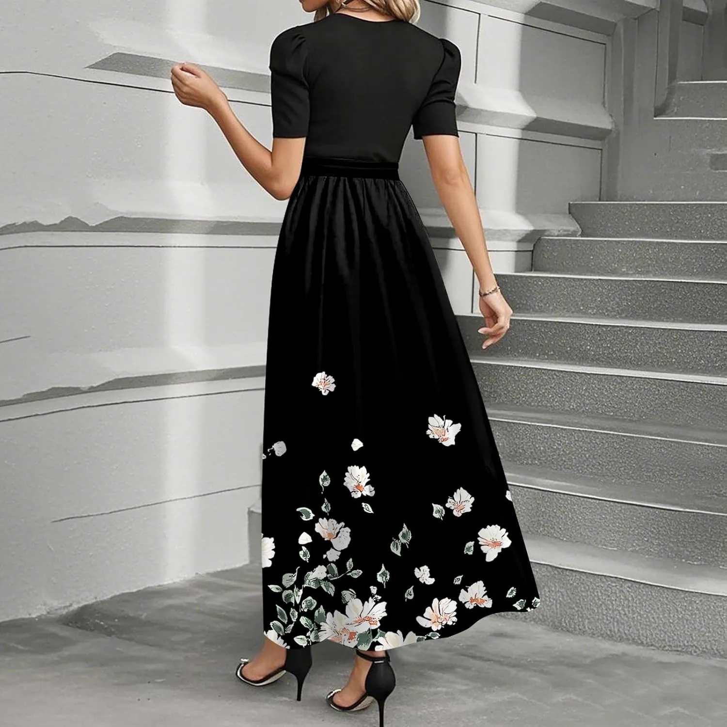 Summer Dresses for Women Floral Print Flowy Dress Patchwork Empire Waist Short Sleeve Dress Tie Belted Maxi Dress