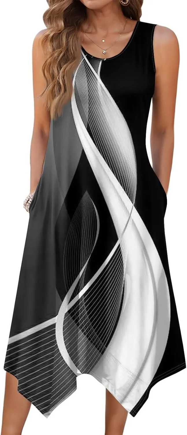 Summer Midi Dresses for Women 2025 Casual Vacation Handkerchief Tank Dress with Pockets Sundress Beach Cover ups