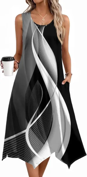 Summer Midi Dresses for Women 2025 Casual Vacation Handkerchief Tank Dress with Pockets Sundress Beach Cover ups