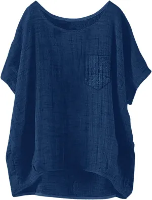 Summer Tops for Women 2025 Short Sleeve Crew Neck Linen Cotton Shirts Plus Size Gauze Casual Dressy Blouse