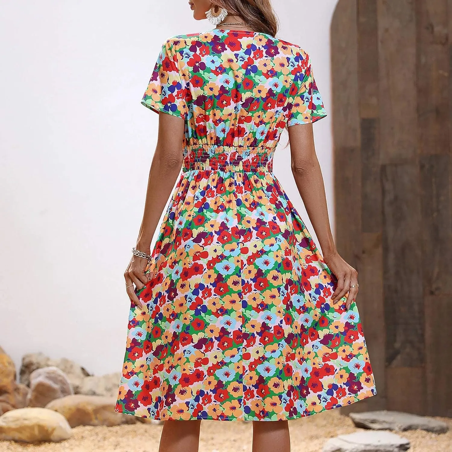 Summer Wrap Dresses for Women 2025 Floral V Neck Knee Length Short Sleeve Dress Hawaiian Boho Wedding Guest Dress