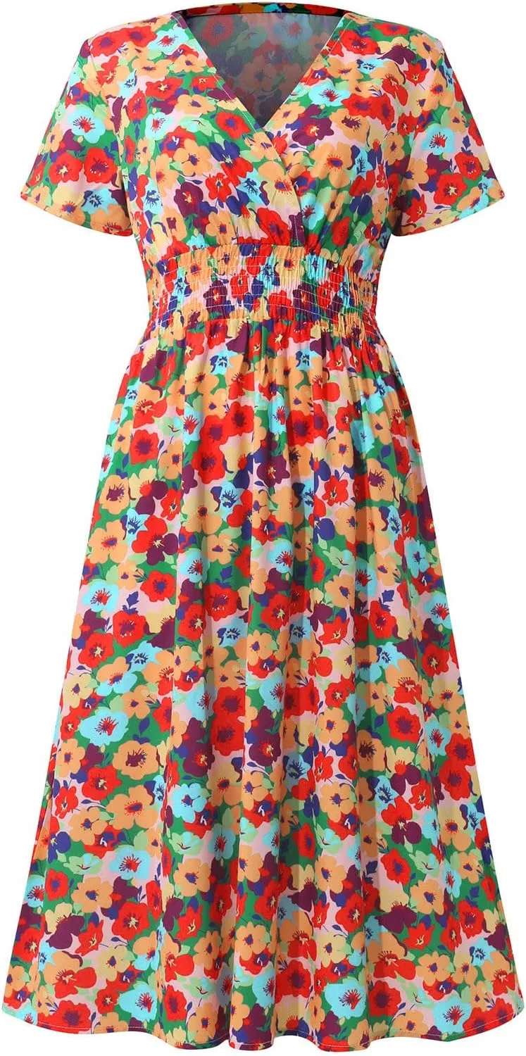 Summer Wrap Dresses for Women 2025 Floral V Neck Knee Length Short Sleeve Dress Hawaiian Boho Wedding Guest Dress