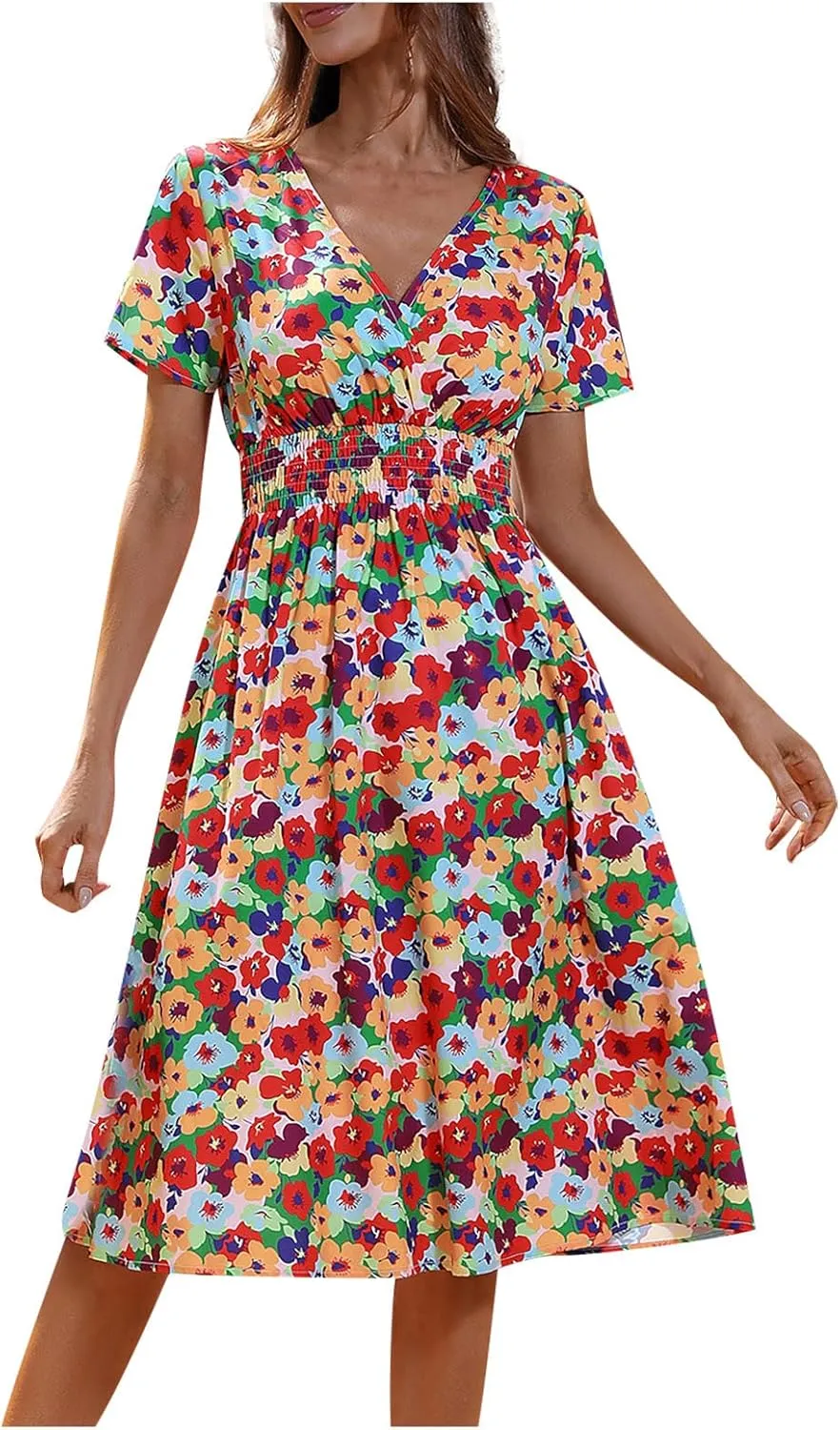 Summer Wrap Dresses for Women 2025 Floral V Neck Knee Length Short Sleeve Dress Hawaiian Boho Wedding Guest Dress
