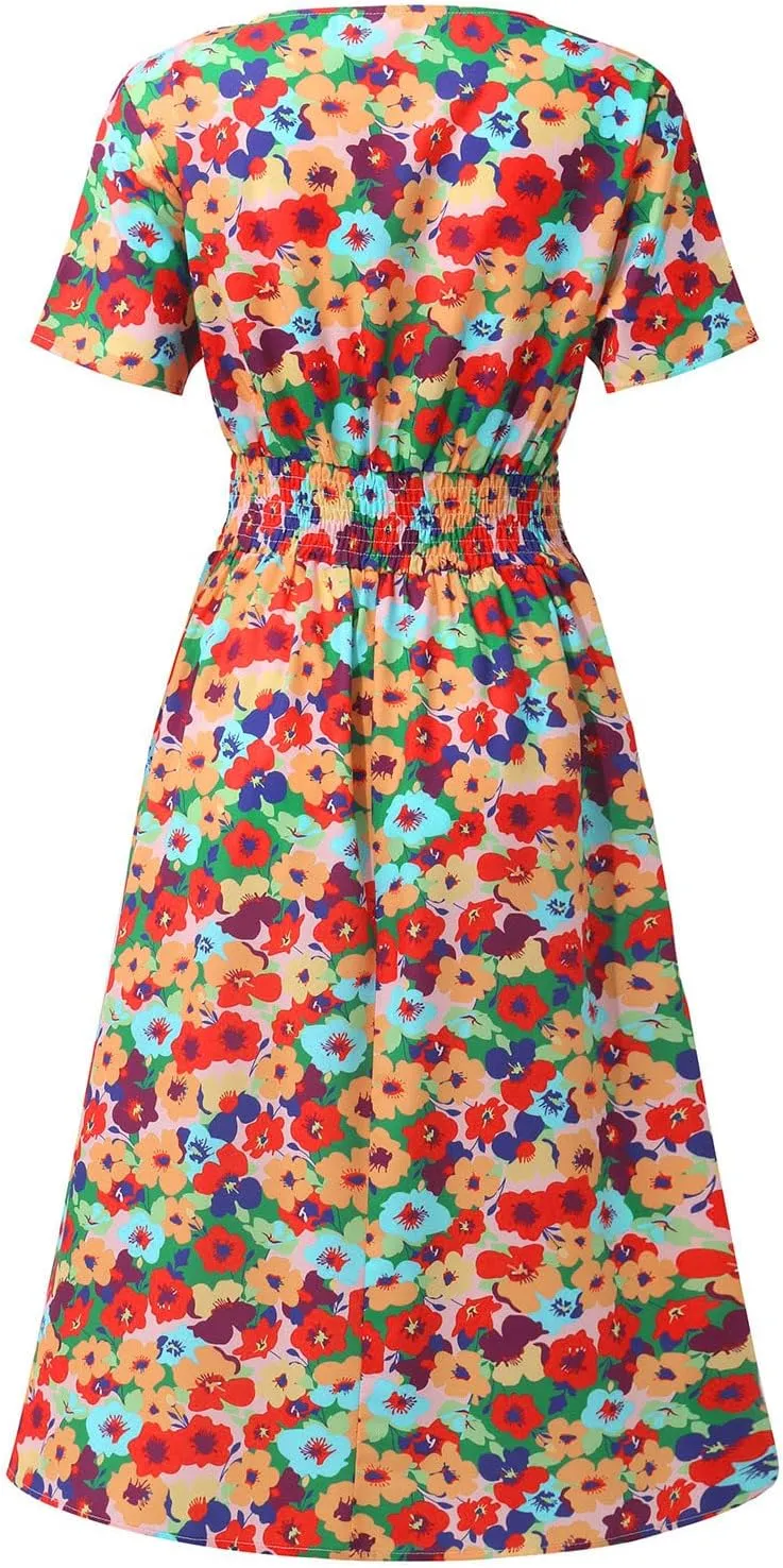 Summer Wrap Dresses for Women 2025 Floral V Neck Knee Length Short Sleeve Dress Hawaiian Boho Wedding Guest Dress