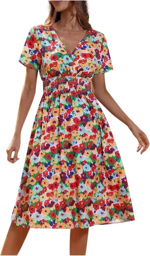 Summer Wrap Dresses for Women 2025 Floral V Neck Knee Length Short Sleeve Dress Hawaiian Boho Wedding Guest Dress