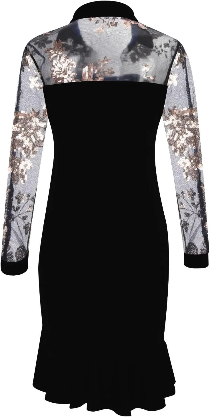 Vestidos para Mujer Fiesta Moda Cuello Redondo Vestido de Malla Vestido de Encaje de Manga Larga
