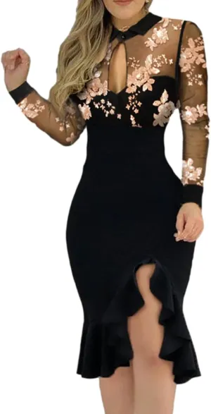 Vestidos para Mujer Fiesta Moda Cuello Redondo Vestido de Malla Vestido de Encaje de Manga Larga