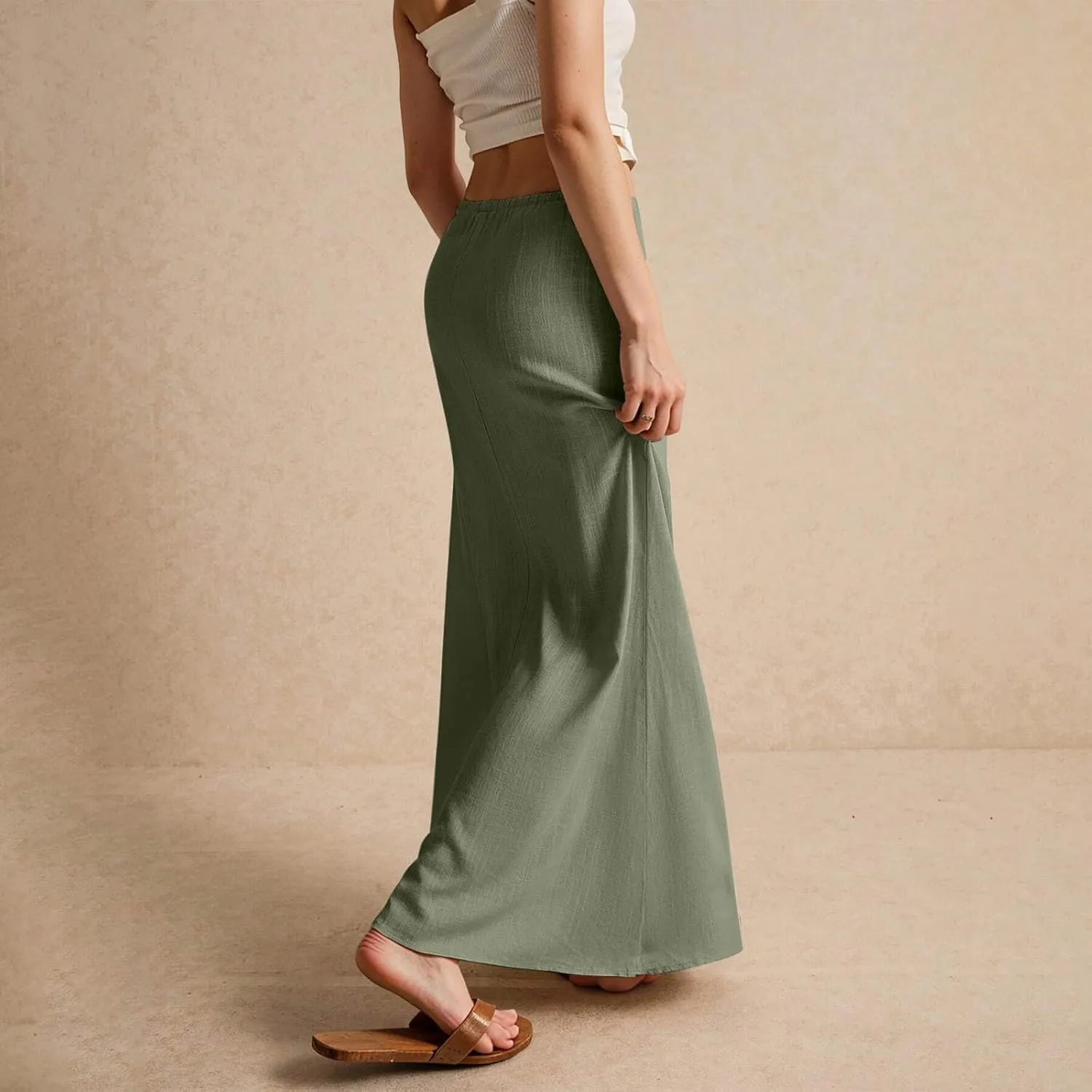 Women's Boho Skirts Linen Flared Maxi Skirt with Back Slit-Elastic Waist Drawstring Long Flowy Skirt, S-2XL