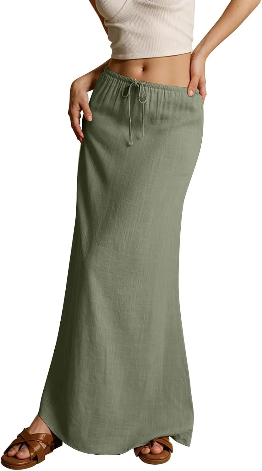 Women's Boho Skirts Linen Flared Maxi Skirt with Back Slit-Elastic Waist Drawstring Long Flowy Skirt, S-2XL