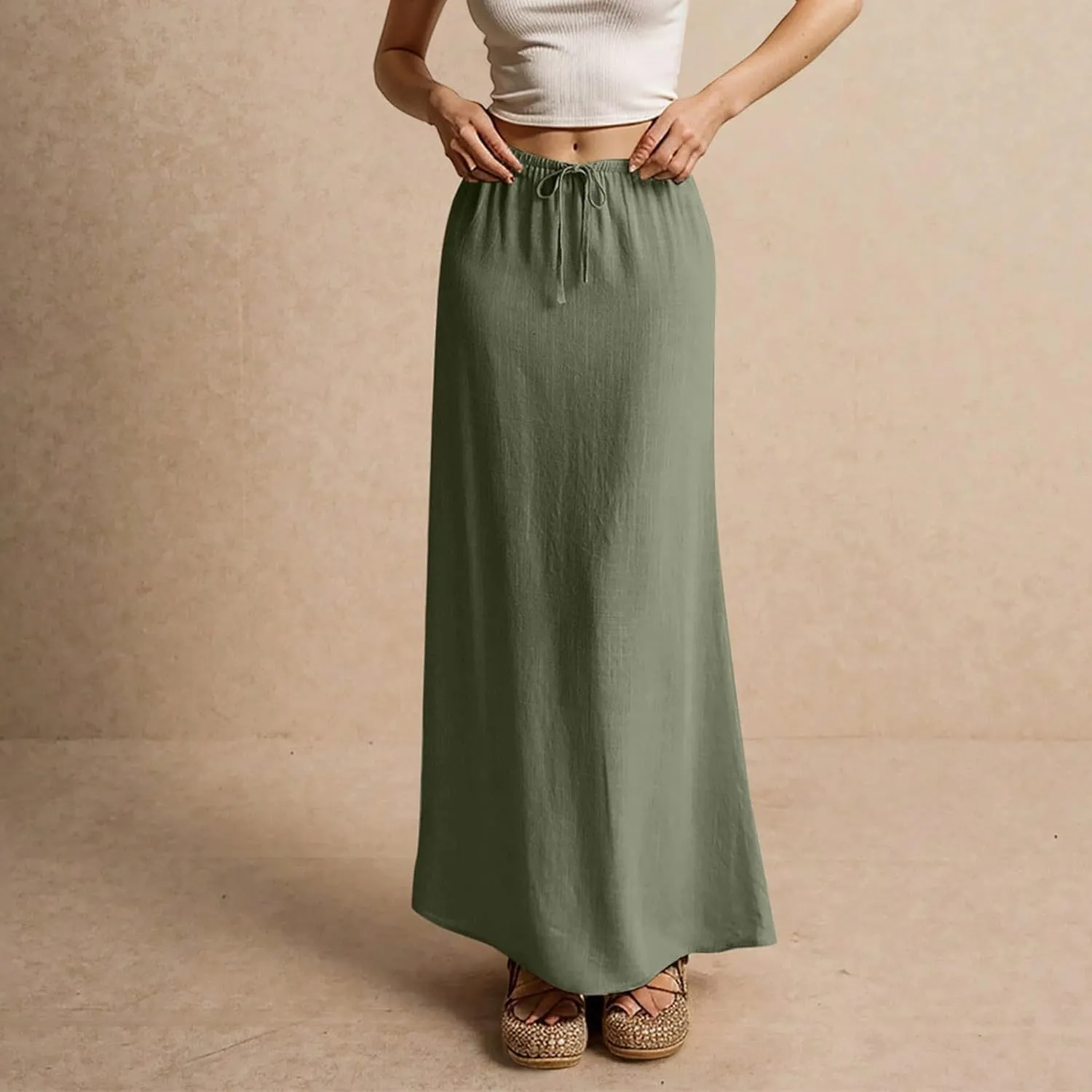 Women's Boho Skirts Linen Flared Maxi Skirt with Back Slit-Elastic Waist Drawstring Long Flowy Skirt, S-2XL