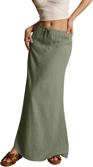 Women's Boho Skirts Linen Flared Maxi Skirt with Back Slit-Elastic Waist Drawstring Long Flowy Skirt, S-2XL