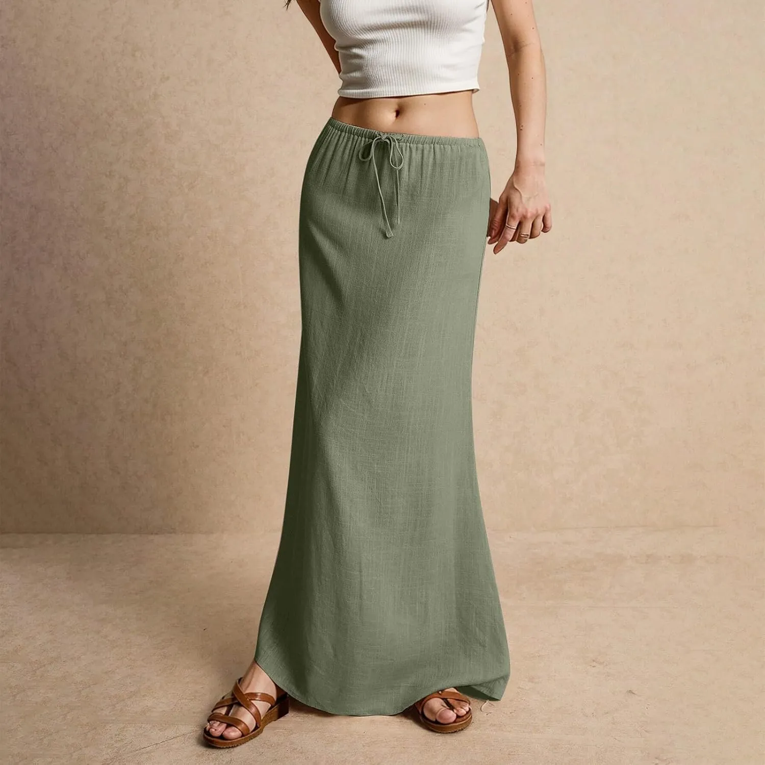Women's Boho Skirts Linen Flared Maxi Skirt with Back Slit-Elastic Waist Drawstring Long Flowy Skirt, S-2XL