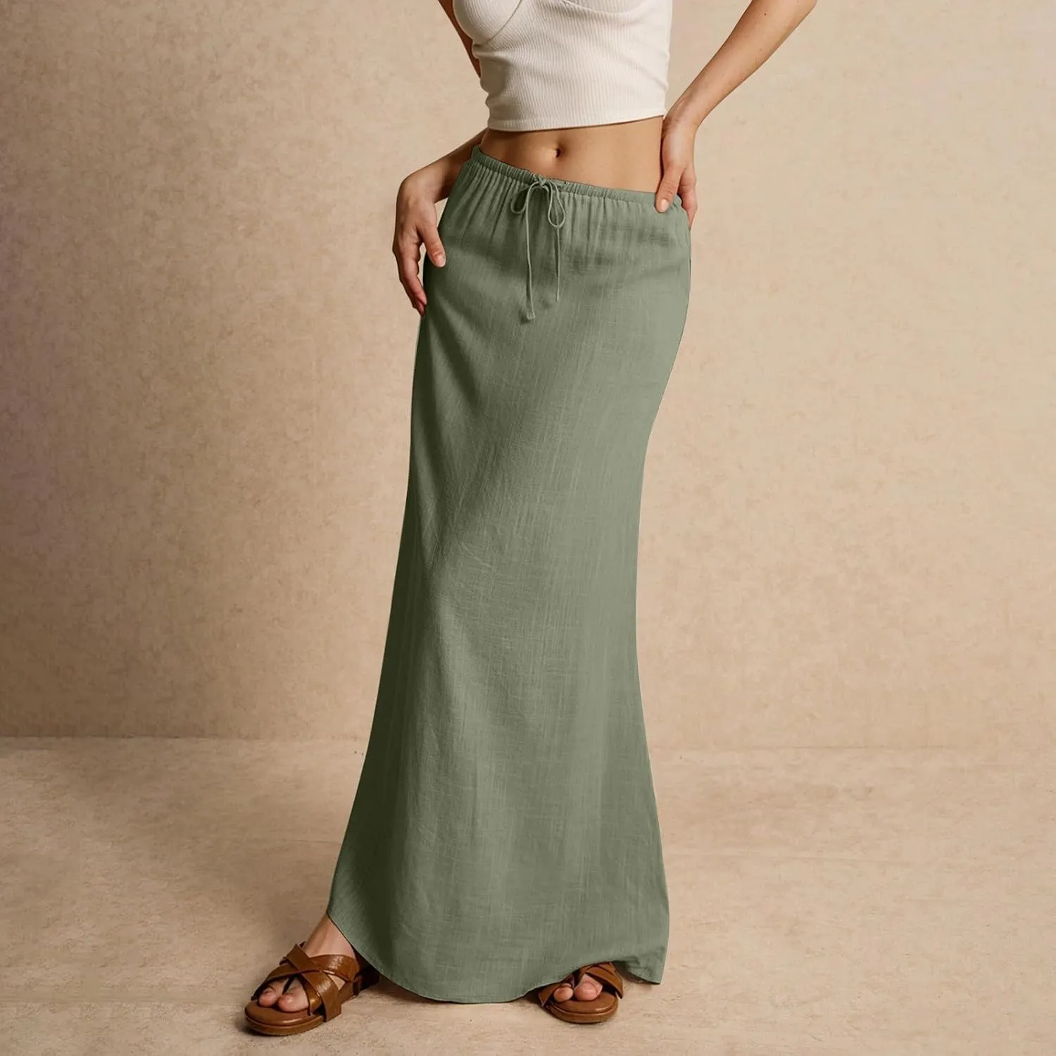 Women's Boho Skirts Linen Flared Maxi Skirt with Back Slit-Elastic Waist Drawstring Long Flowy Skirt, S-2XL
