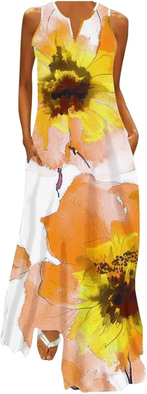 Women's Casual Loose Maxi Sundress Summer Sleeveless V Neck Long Dress Vintage Floral Beach Dress with Pockets