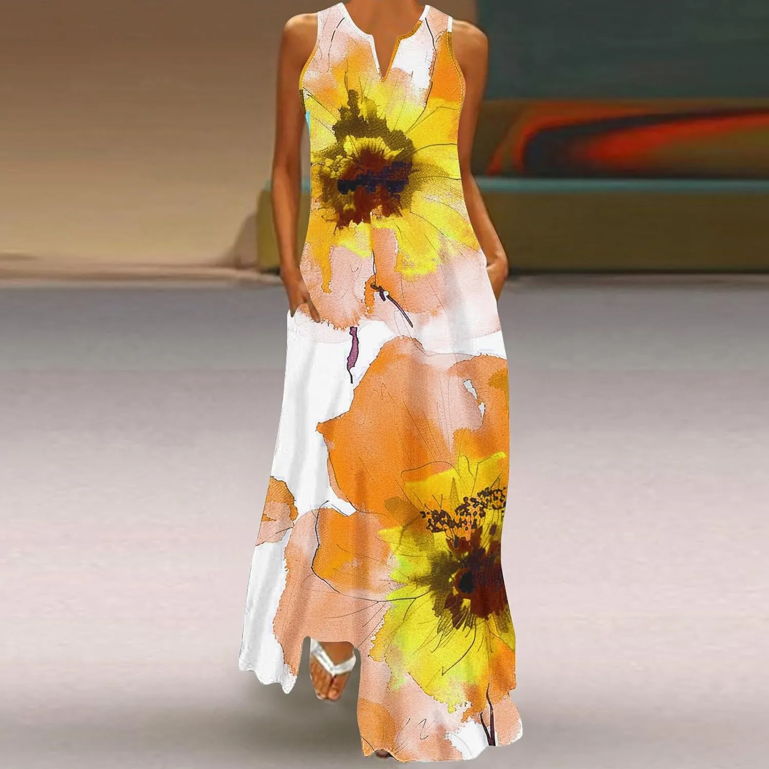 Women's Casual Loose Maxi Sundress Summer Sleeveless V Neck Long Dress Vintage Floral Beach Dress with Pockets