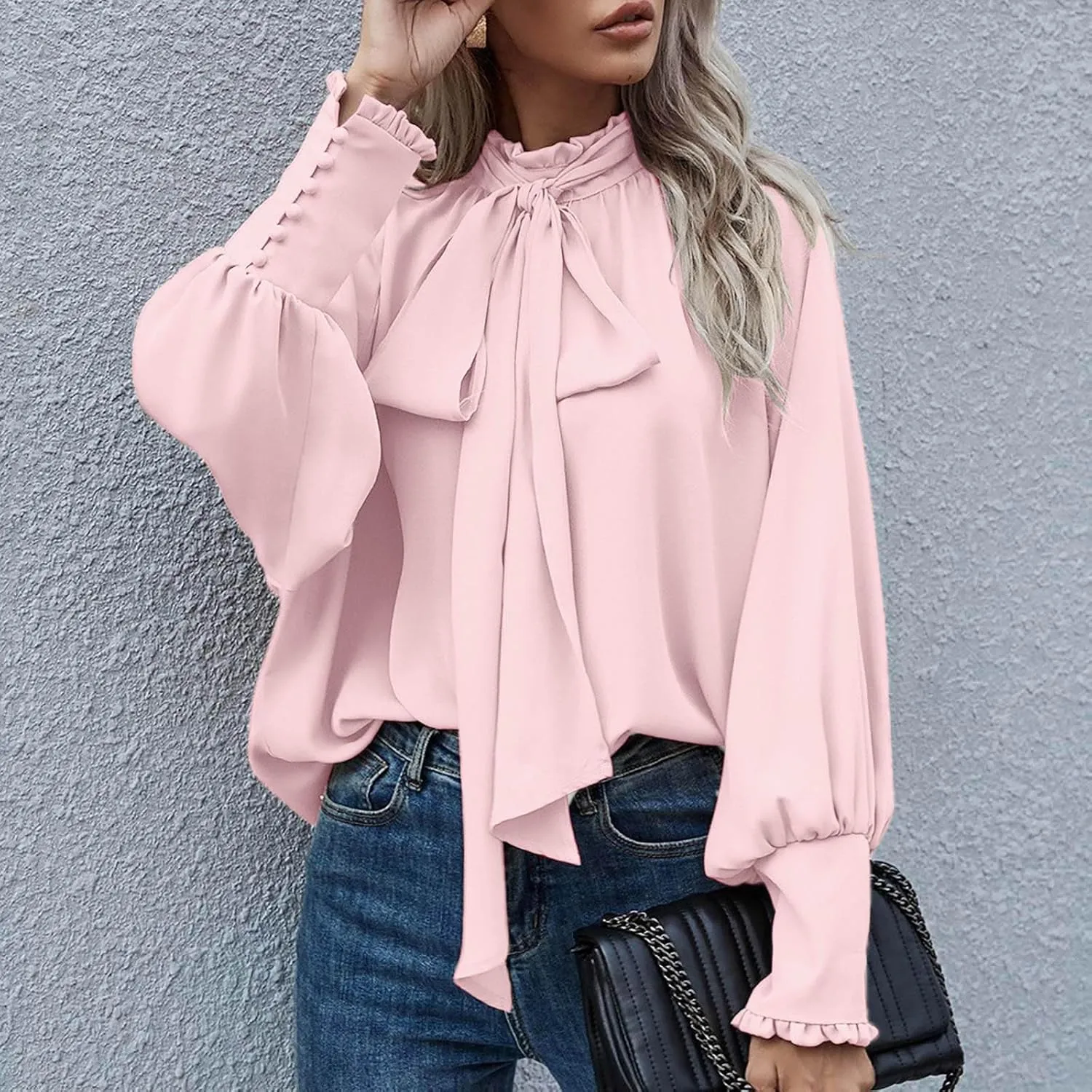 Womens Elegant Business Shirts Fashion Ruffle Button Long Sleeve Tops Bow Tie Mock Neck Tunic Work Office Blouse