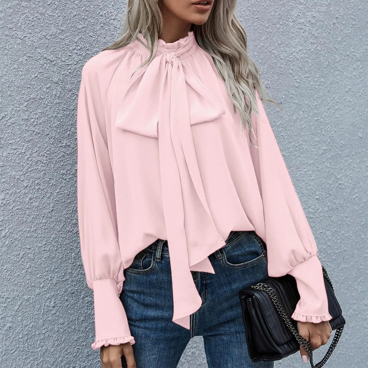 Womens Elegant Business Shirts Fashion Ruffle Button Long Sleeve Tops Bow Tie Mock Neck Tunic Work Office Blouse