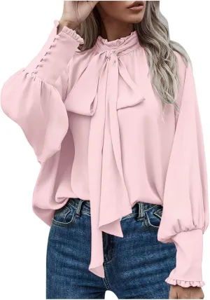 Womens Elegant Business Shirts Fashion Ruffle Button Long Sleeve Tops Bow Tie Mock Neck Tunic Work Office Blouse