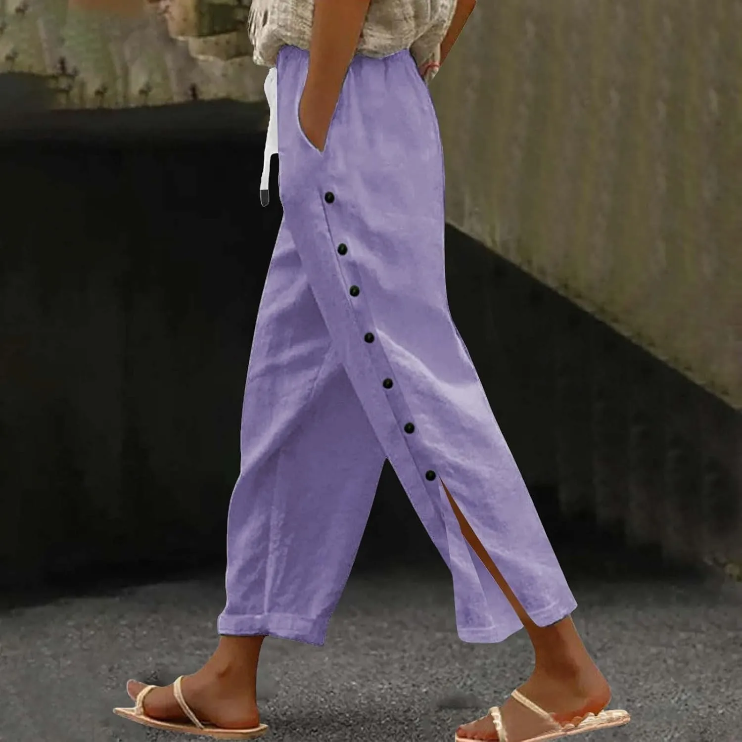 Womens Linen Work Pants 2025 High Waist Straight Leg Lounge Side-Button Pant Casual Lightweight Beach Trousers