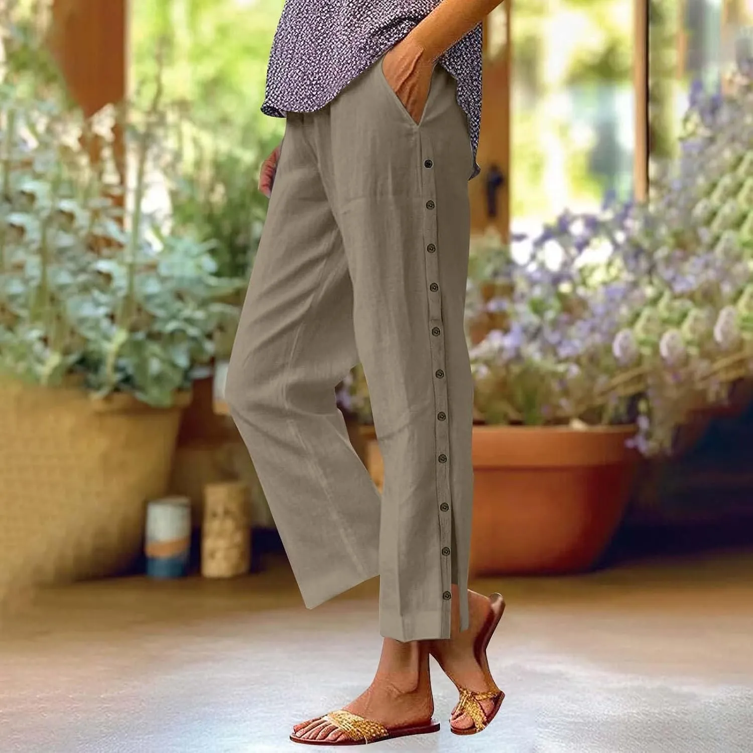 Womens Linen Work Pants 2025 High Waist Straight Leg Lounge Side-Button Pant Casual Lightweight Beach Trousers