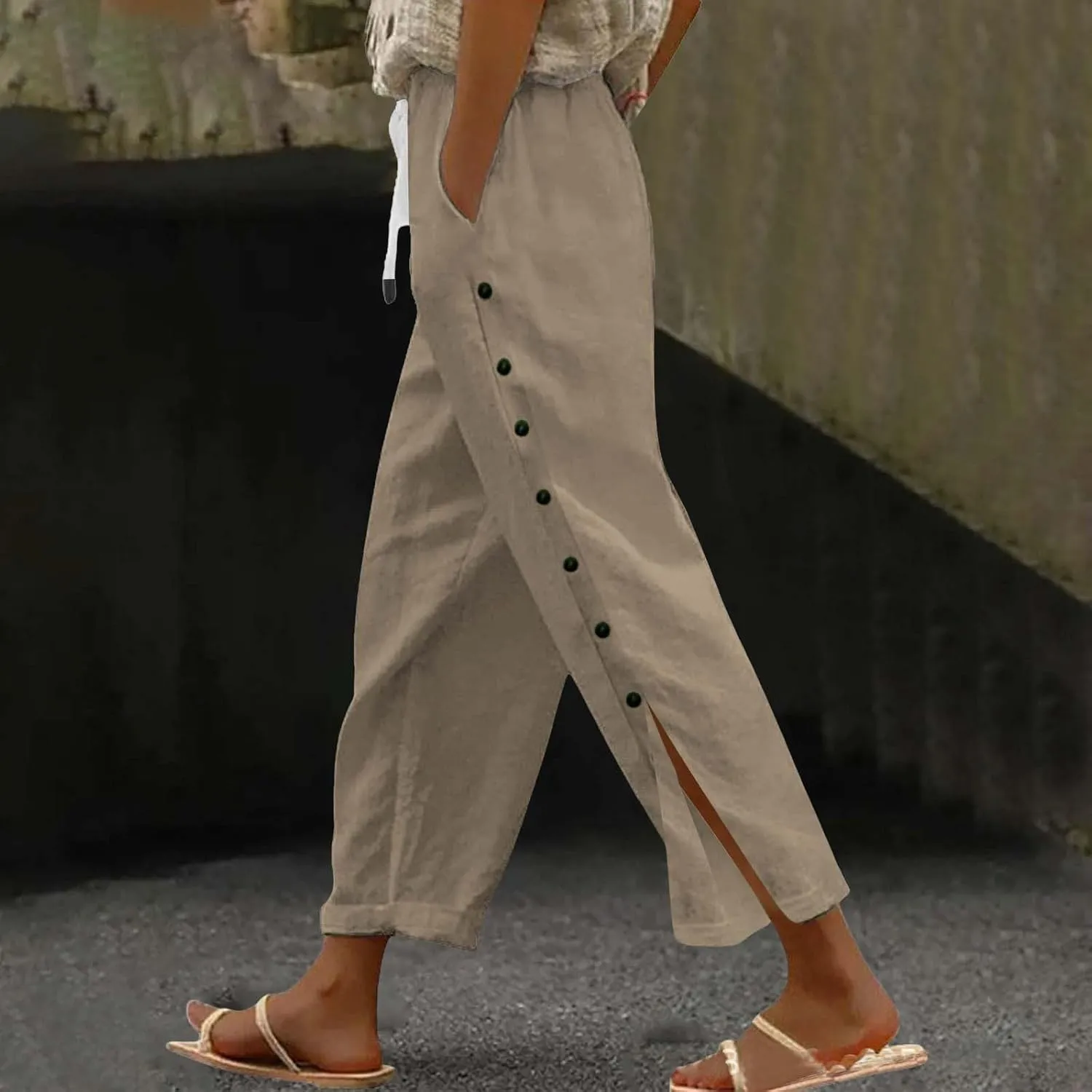 Womens Linen Work Pants 2025 High Waist Straight Leg Lounge Side-Button Pant Casual Lightweight Beach Trousers