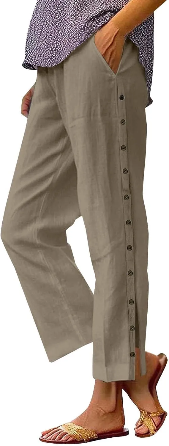 Womens Linen Work Pants 2025 High Waist Straight Leg Lounge Side-Button Pant Casual Lightweight Beach Trousers
