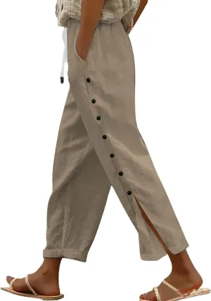 Womens Linen Work Pants 2025 High Waist Straight Leg Lounge Side-Button Pant Casual Lightweight Beach Trousers