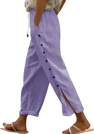 Womens Linen Work Pants 2025 High Waist Straight Leg Lounge Side-Button Pant Casual Lightweight Beach Trousers