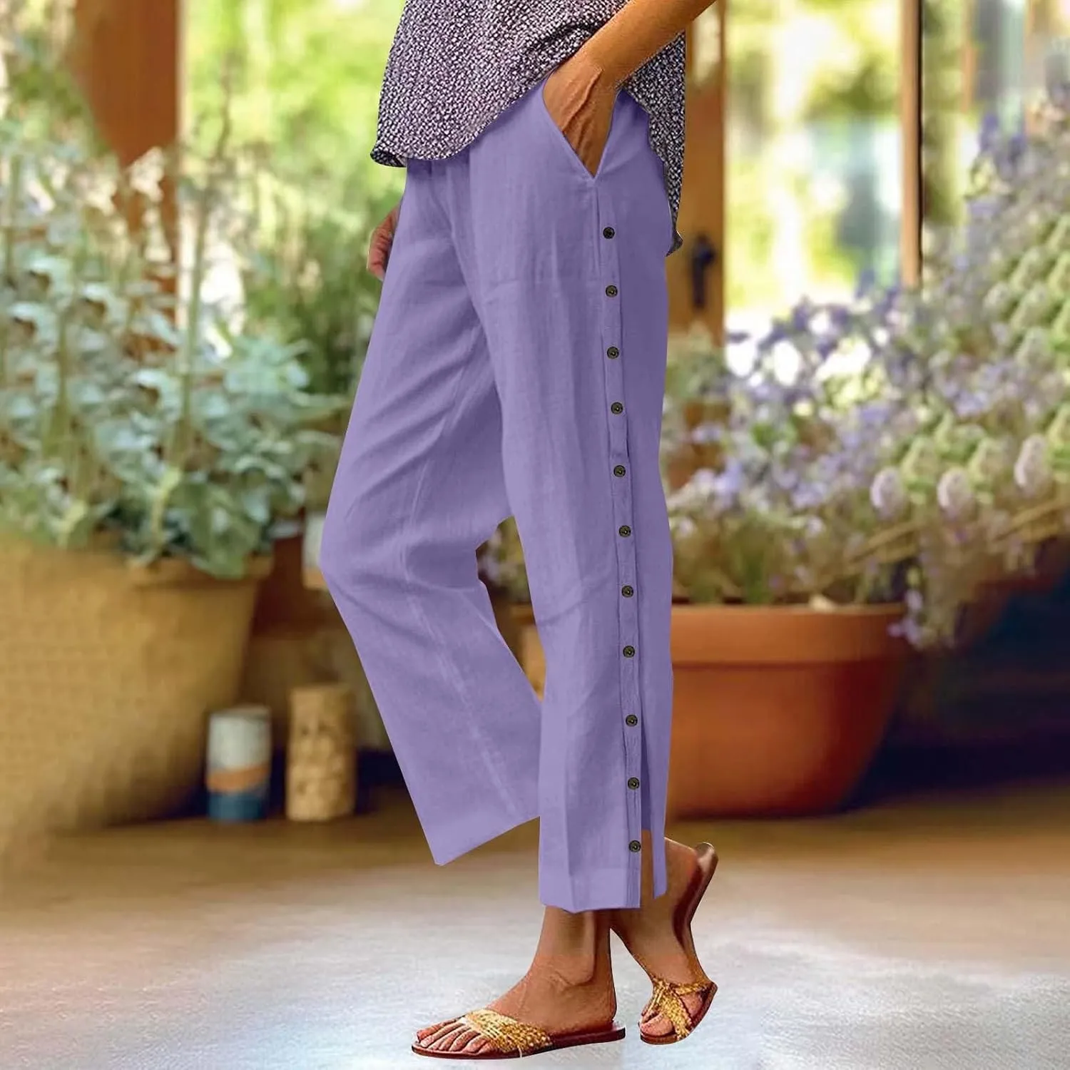 Womens Linen Work Pants 2025 High Waist Straight Leg Lounge Side-Button Pant Casual Lightweight Beach Trousers