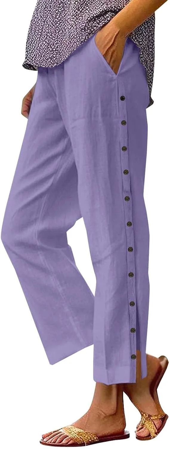 Womens Linen Work Pants 2025 High Waist Straight Leg Lounge Side-Button Pant Casual Lightweight Beach Trousers