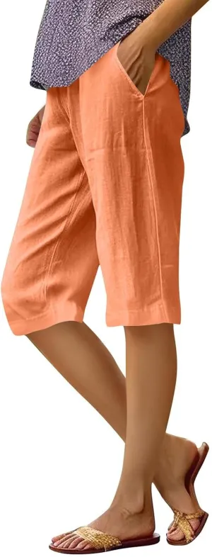 Women's Pedal Pushers Capri Jogger Pants Casual Linen Shorts Summer Lightweight Baggy Cropped Pant with Pocket