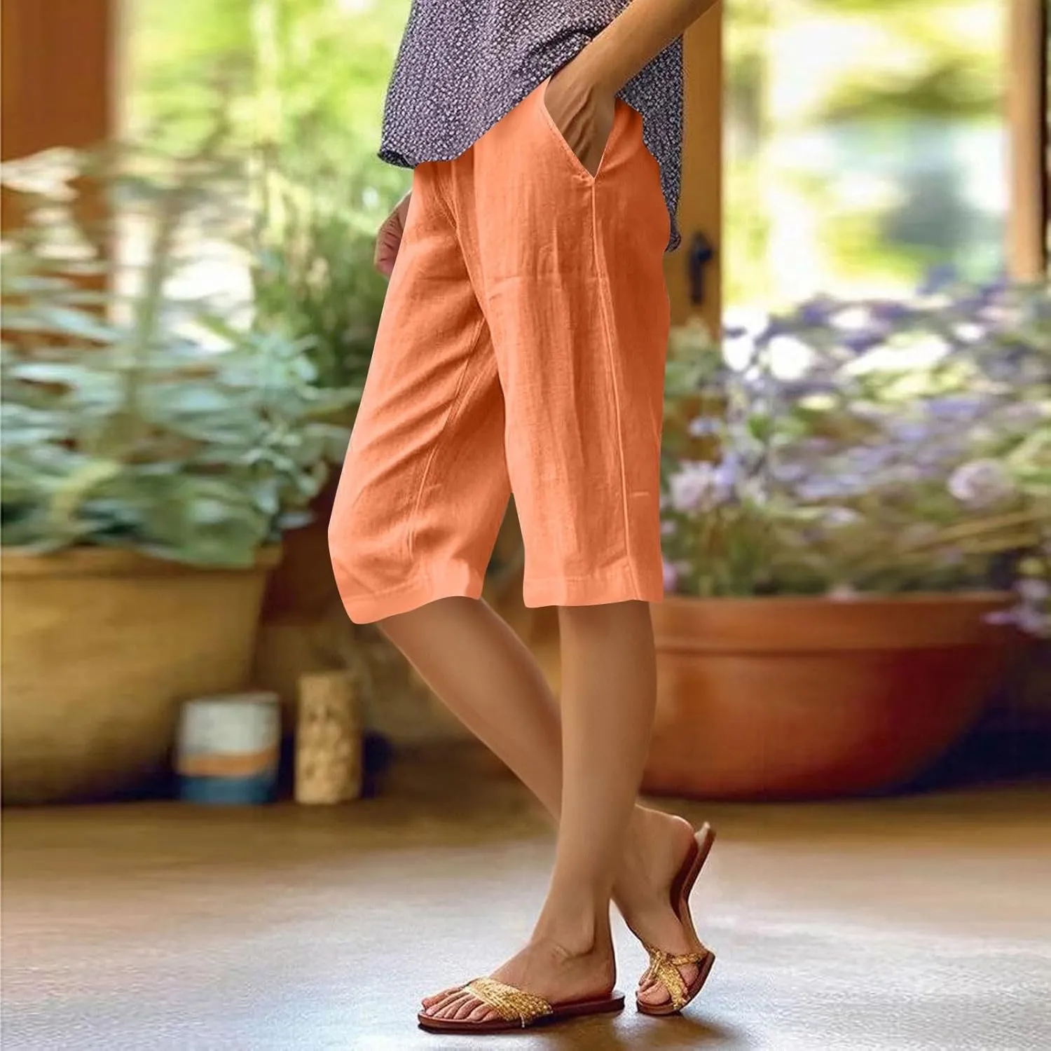 Women's Pedal Pushers Capri Jogger Pants Casual Linen Shorts Summer Lightweight Baggy Cropped Pant with Pocket