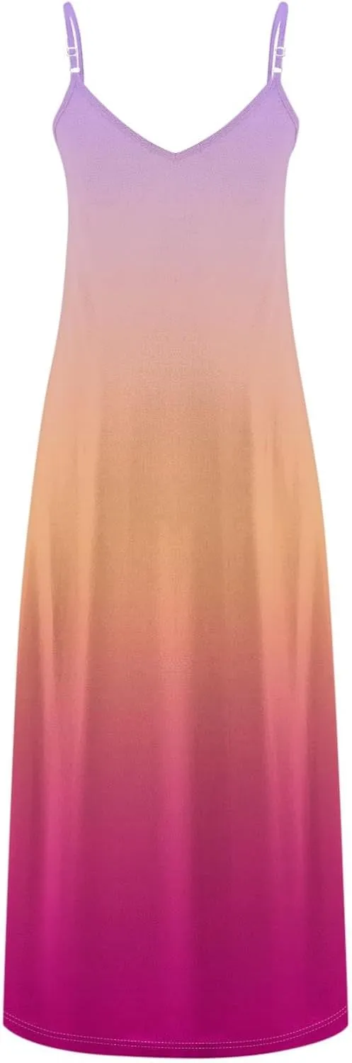Women's Summer Casual Spaghetti Strap Dress V Neck Boho Loose Maxi Sundresses Gradient Sleeveless Beach Long Dresses
