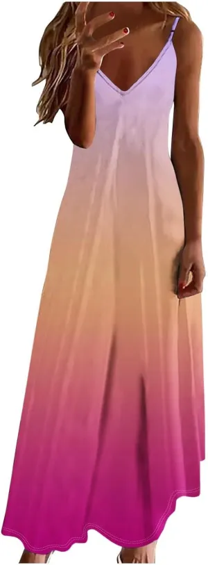 Women's Summer Casual Spaghetti Strap Dress V Neck Boho Loose Maxi Sundresses Gradient Sleeveless Beach Long Dresses