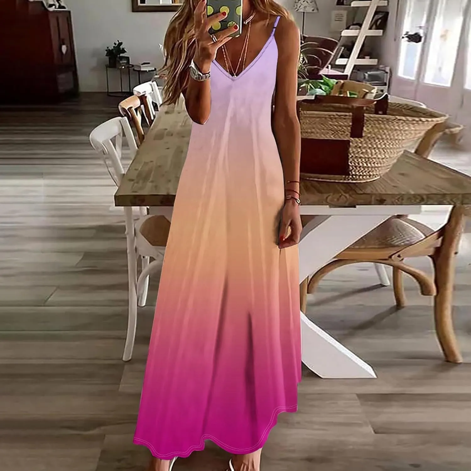 Women's Summer Casual Spaghetti Strap Dress V Neck Boho Loose Maxi Sundresses Gradient Sleeveless Beach Long Dresses