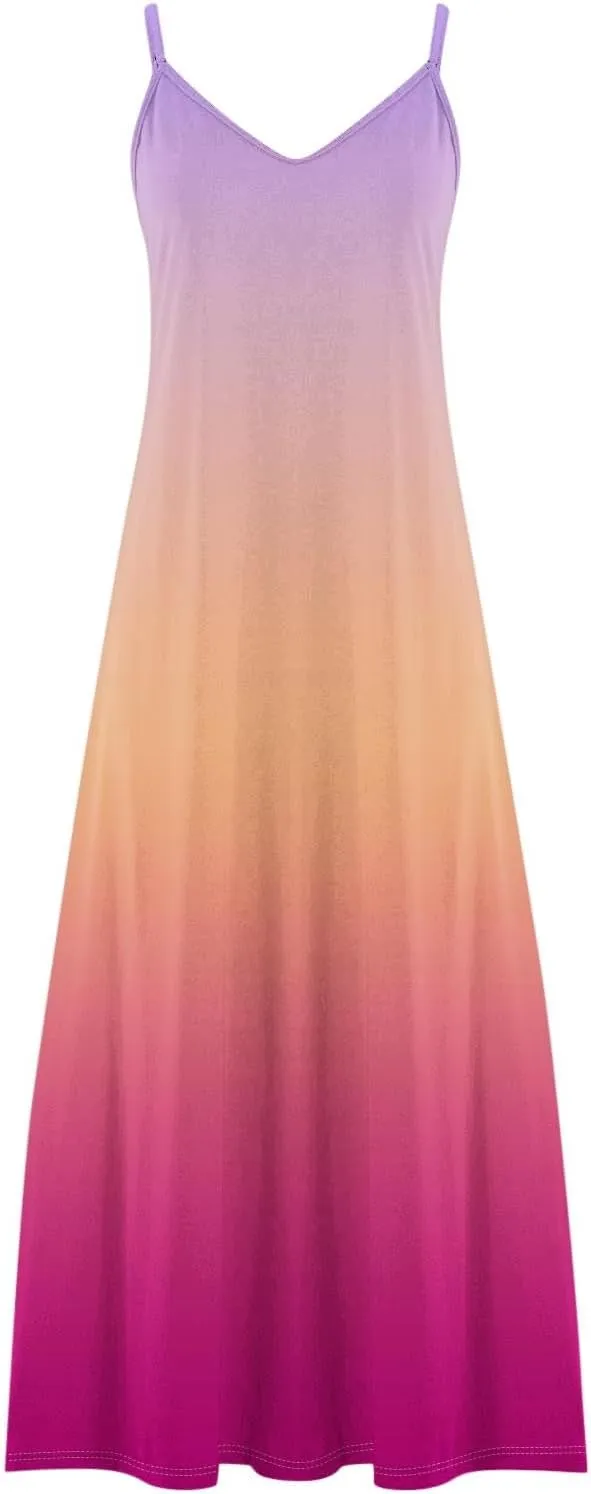 Women's Summer Casual Spaghetti Strap Dress V Neck Boho Loose Maxi Sundresses Gradient Sleeveless Beach Long Dresses