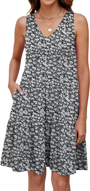 Womens Summer Dresses V Neck Tank Tiered Flowy Mini A Line Casual Sundress with Pockets